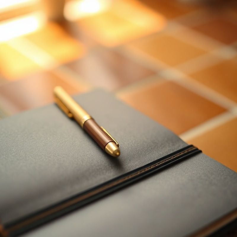 Cuaderno abierto con pluma dorada bajo luz cálida de la mañana andaluza