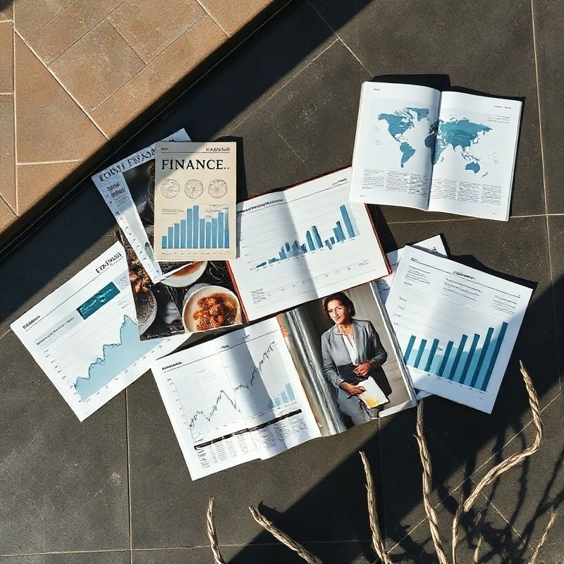 Vista cenital de revistas financieras y gráficos impresos sobre superficie carbón con acentos dorados